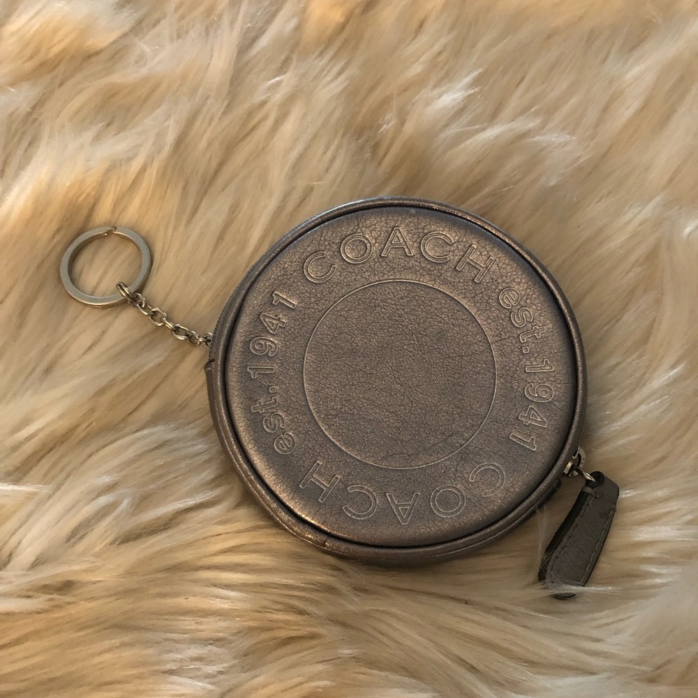Coach silver metallic round zip coin pouch key ring bag charm